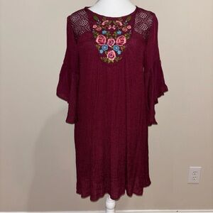 Umgee Floral Embroidered Maroon Red Dress Size M